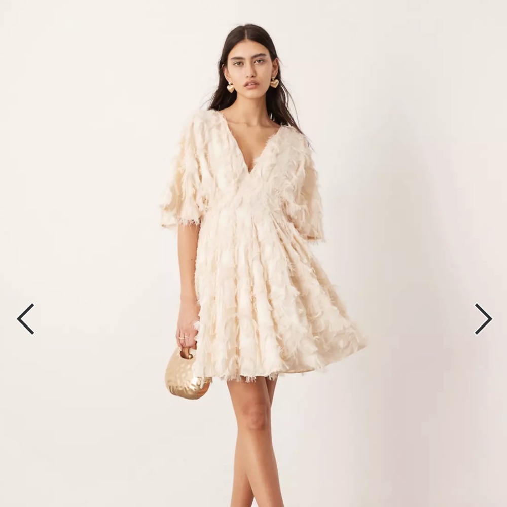 ASOS EDITION textured cinched pleat waist mini dress in stone